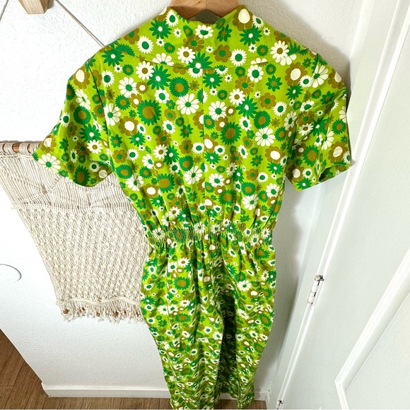 🌼 70s Groovy Miracle Eye Green Daisy Floral Jumpsuit Coachella Hippie XL